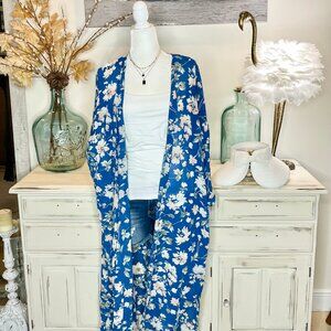 Blue Floral Long Length Kimono with Bell Sleeves